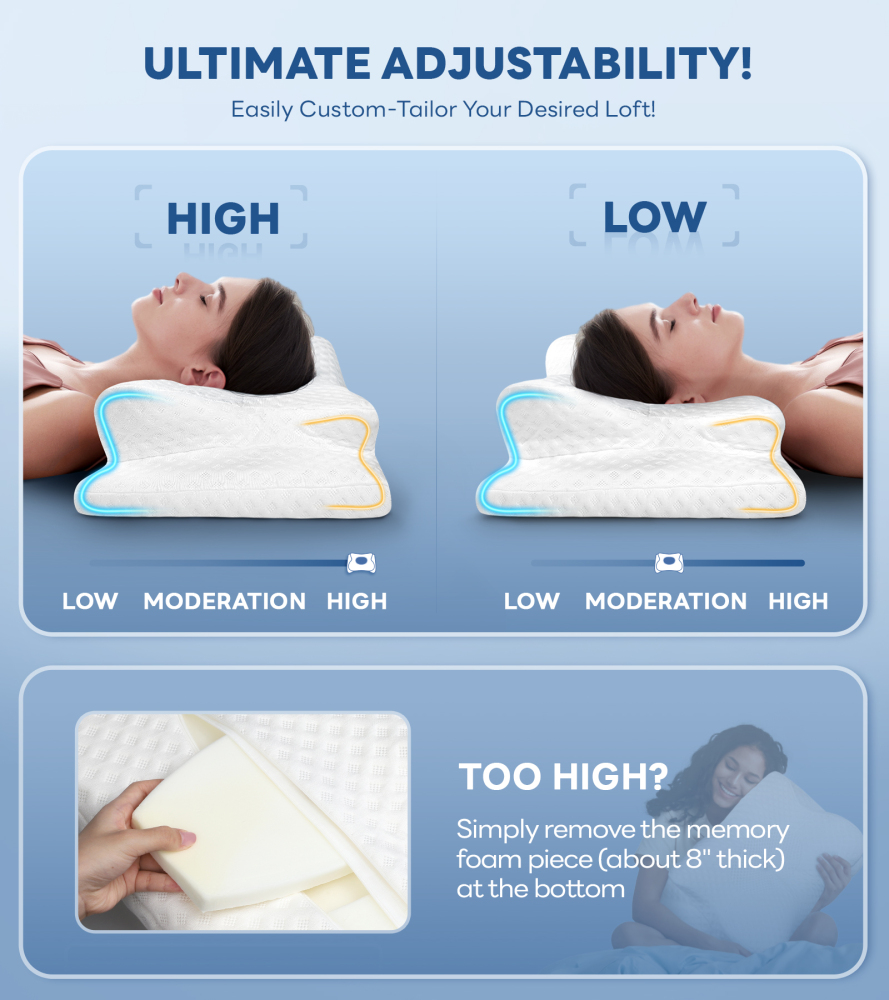 No More Aches Neck Pillow for Pain Relief, Adjustable Cervical Pillow for Neck Support with Armrest, Odorless Ergonomic Memory Foam Pillows,Orthopedic Bed Pillow for Side Back Stomach Sleeping