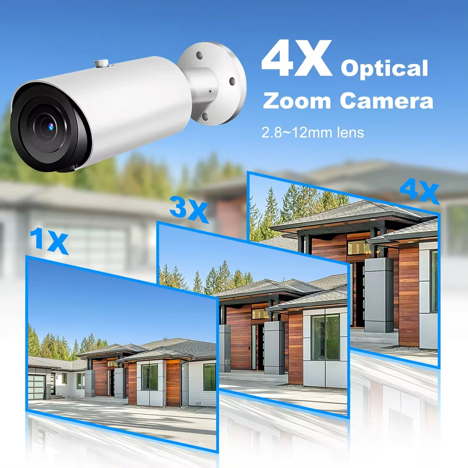 8MP Bullet Camera 4X Zoom Camera Support Human Vehicle Detection 30M IR Distance Built in Mic H.265 IP66
