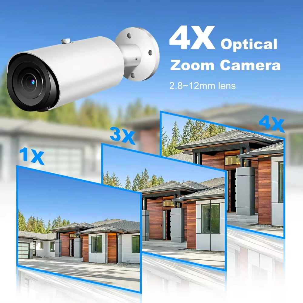 8MP Bullet Camera 4X Zoom Camera Support Human Vehicle Detection 30M IR Distance Built in Mic H.265 IP66