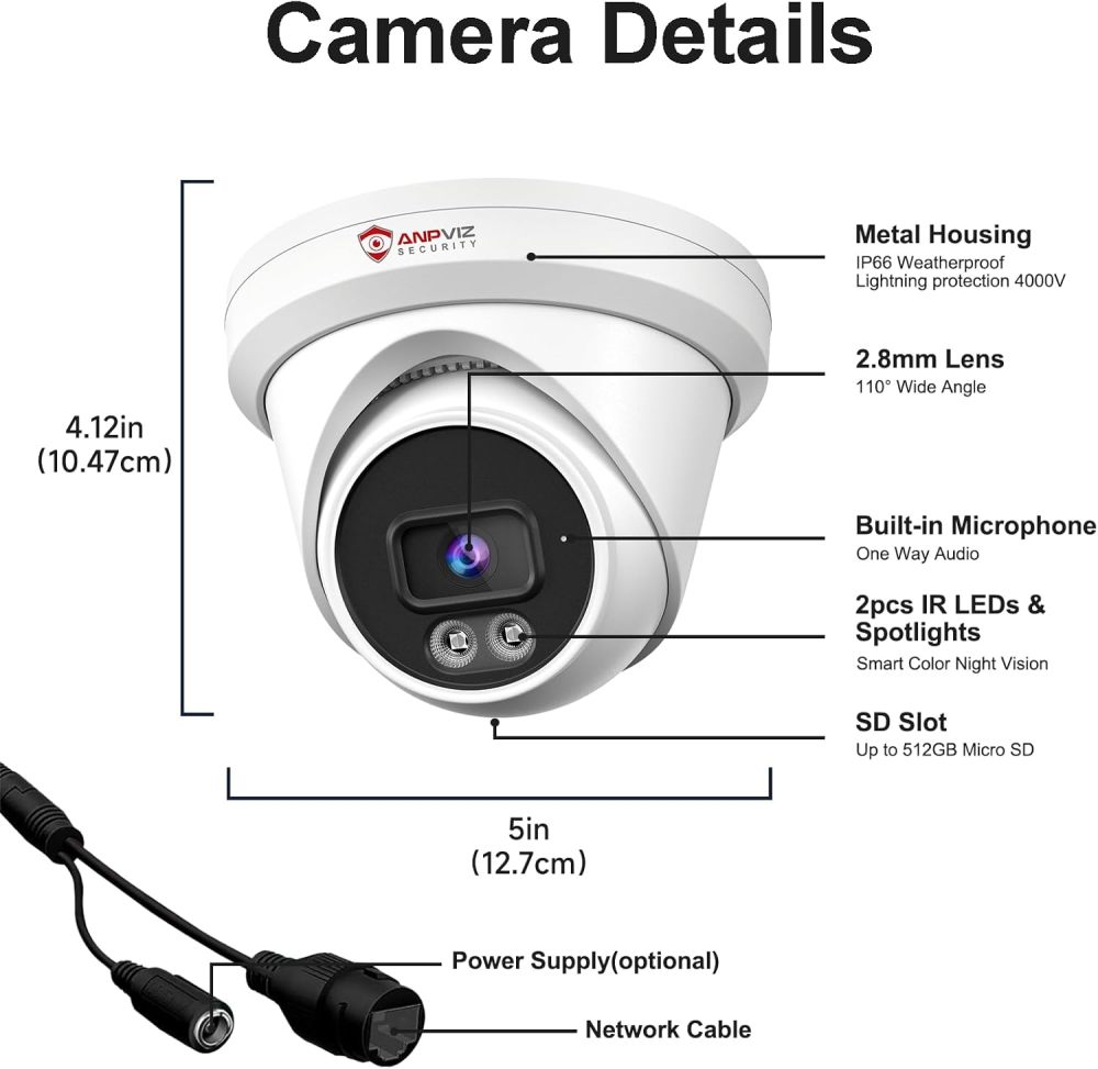 Anpviz 8MP PoE IP Camera, Built-in Mic, 512GB SD Slot, Security 4K IP Camera Outdoor Indoor, Smart Color Night Vision 100ft, Human & Vehicle Detection, Turret PoE Camera, NDAA Compliant (U Series)