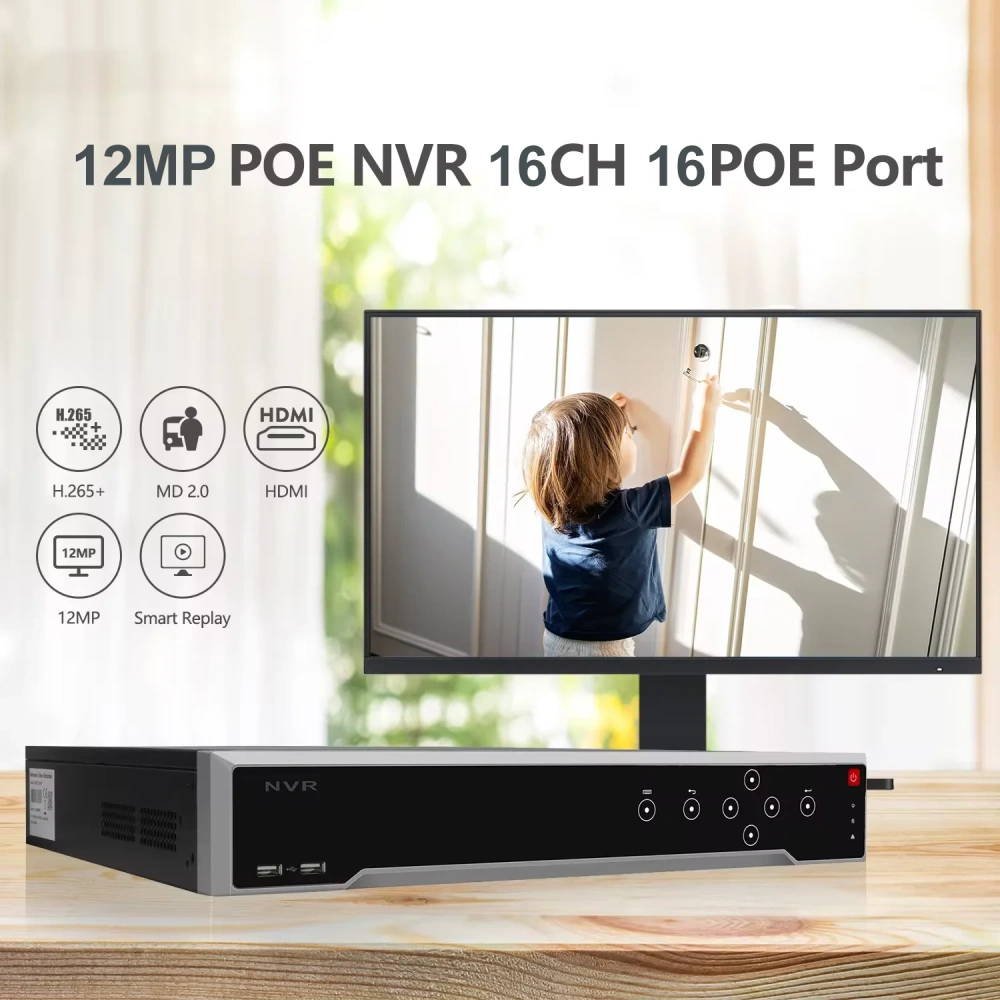 HK OEM 12MP POE Network Video Recorder 16Ch/16Poe NVR 2SATA Max 20TB Storage AI Motion Detection 24/7 Recording H265+