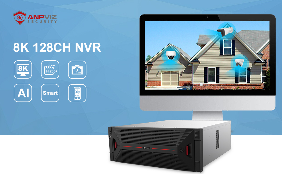 Anpviz 8K 128CH NVR H265+ 16SATA interface Max 320TB capacity AI Motion Detection 4K video output Enterprise NVR