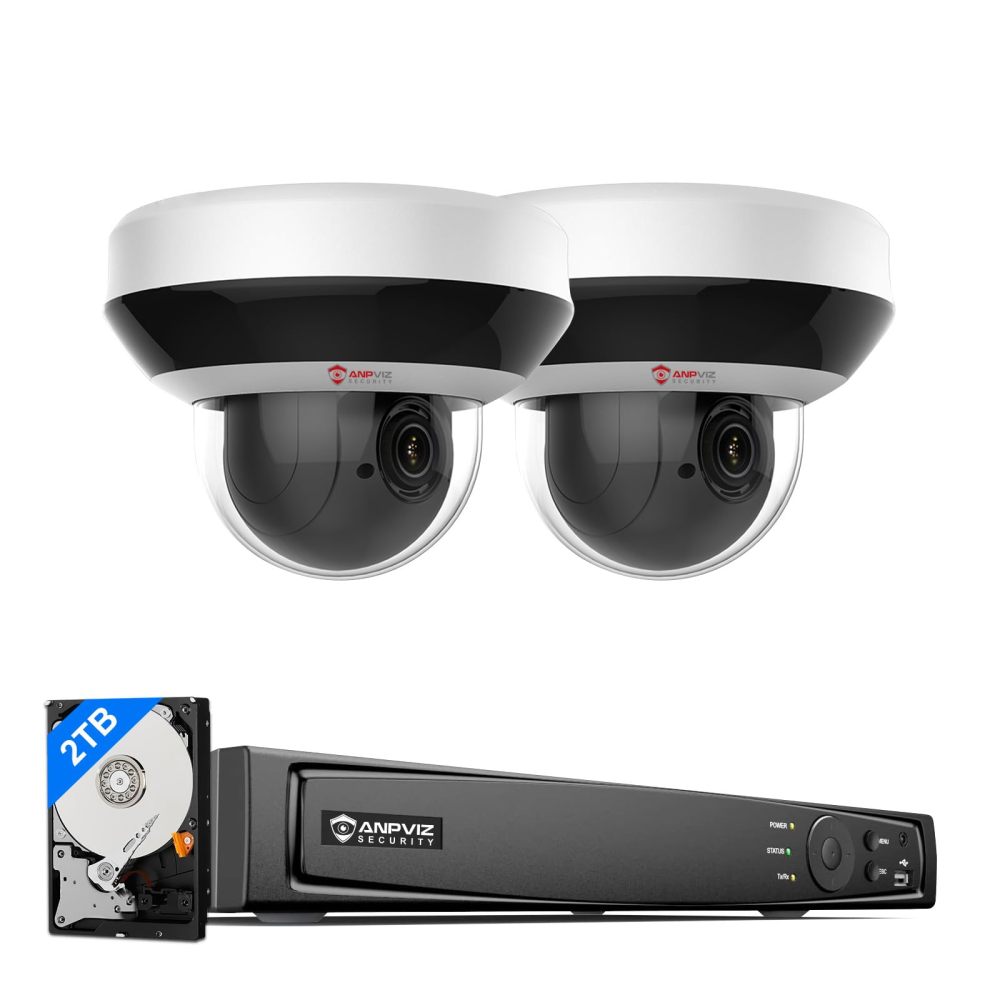 Anpviz 4MP PoE PTZ Security Camera System with Human & Vehicle Detection, 12MP 8CH NVR with 2TB HDD, 2X 4MP PTZ IP Camera with 4X Optical Zoom, Mic and IR Night Vision, True WDR, IP66, 24/7