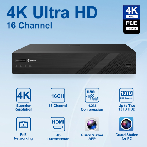 Anpviz 4K 16CH PoE NVR Network Video Recorder Pre-Installed 4TB HDD, 16CH H.265 NVR Support 8MP/6MP/5MP/4MP/1080P IP PoE Cameras for Business Video Audio Recording