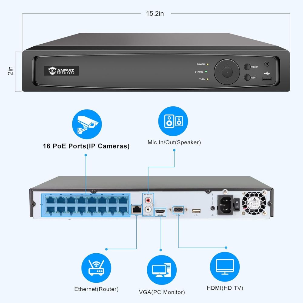 Anpviz 16CH 12MP NVR (8MP/6MP/5MP/4MP/3MP/1080P) Network Video Recorder, 16CH (16-Port PoE) - IP Home Security Camera System Video Recorder up to 16 x 4K IP Cameras