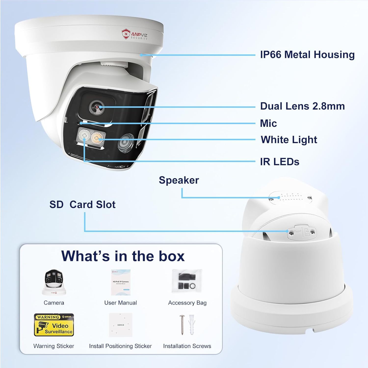 Anpviz 4K Dual Lens PoE IP Security Camera Outdoor 180° Panoramic Wide Angle, 8MP Turret Camera with Smart Dual Light, Human/Vehicle Detection, Two Way Talk, Built in SD Slot, Full Metal