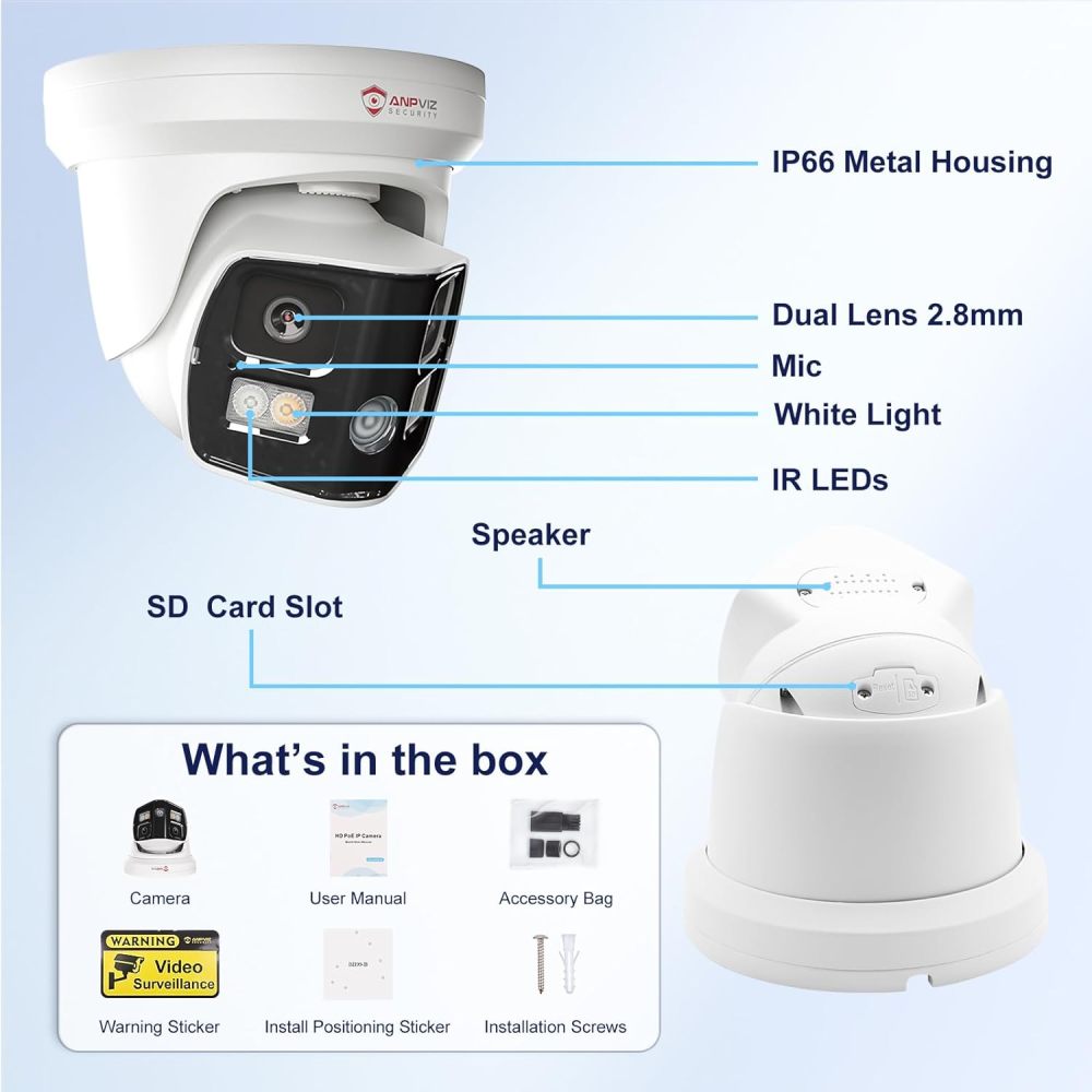 Anpviz 4K Dual Lens PoE IP Security Camera Outdoor 180° Panoramic Wide Angle, 8MP Turret Camera with Smart Dual Light, Human/Vehicle Detection, Two Way Talk, Built in SD Slot, Full Metal