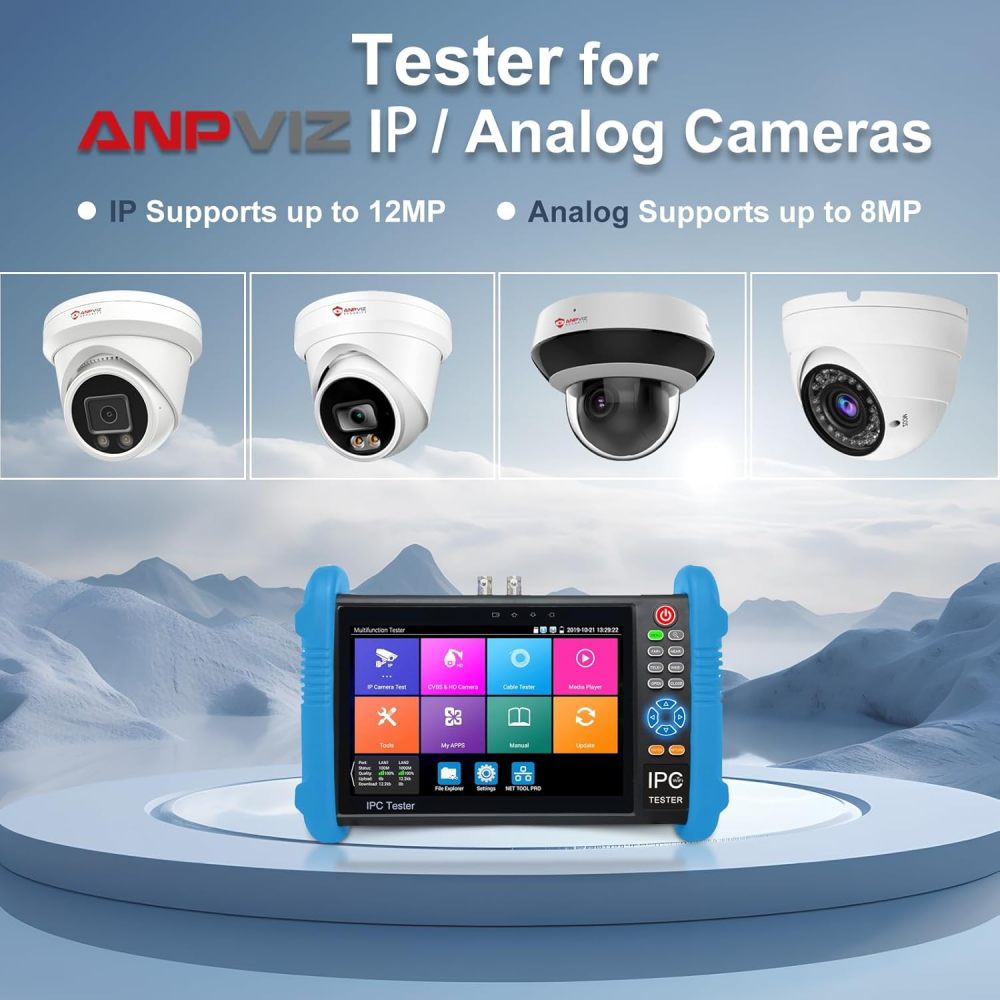 Anpviz IP Camera Tester CCTV Tester, 7 Inch Touch Screen H.265 4K AHD, TVI, CVI & CVBS Analog Camera RJ45 Cable with PoE/IP Discovery/HDMI in & Out/Built in WiFi/RS485 PTZ Control