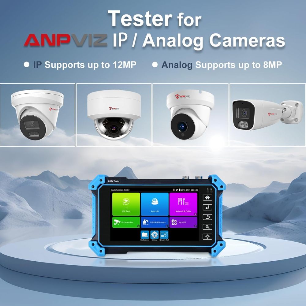 Anpviz 8MP 5 in 1 AHD CVI TVI CVBS IP Camera Tester Monitor, IPC-5200 8MP HD Display Video Monitor IPS Touch Screen IPC Tester Support POE PTZ WiFi RS485 HDMI & VGA Input DC12V Output
