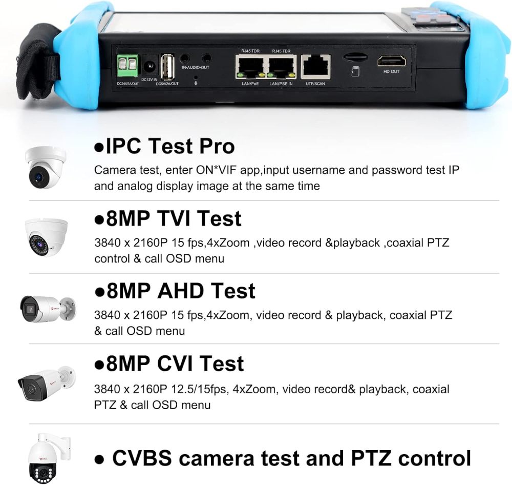 Anpviz IP Camera Tester CCTV Tester, 7 Inch Touch Screen H.265 4K AHD, TVI, CVI & CVBS Analog Camera RJ45 Cable with PoE/IP Discovery/HDMI in & Out/Built in WiFi/RS485 PTZ Control