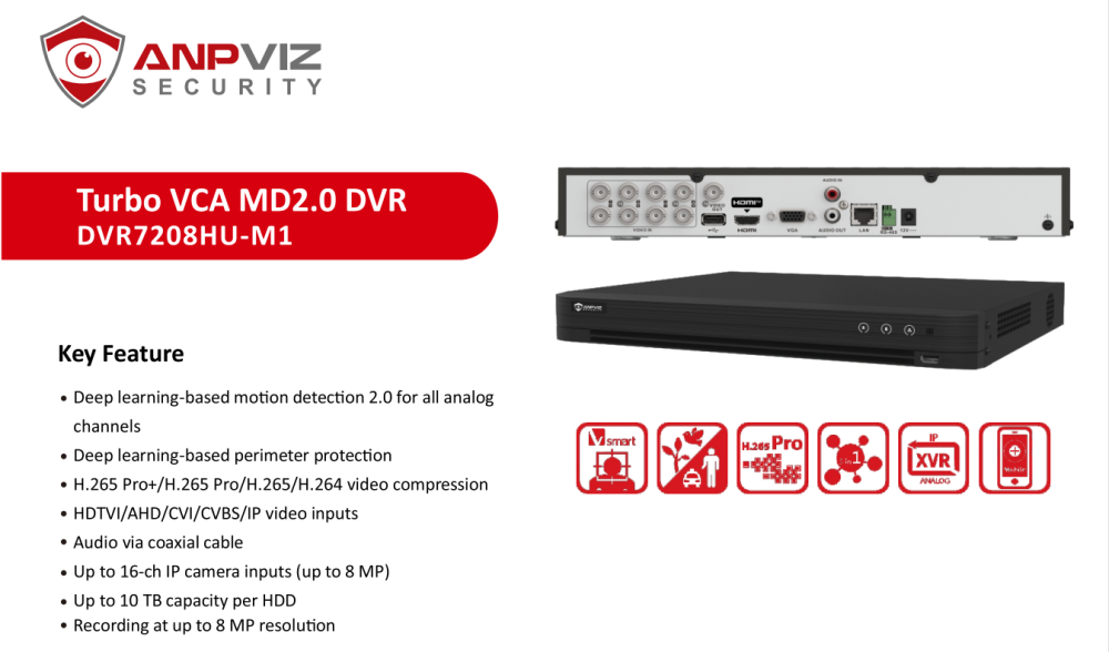 Anpviz 8 Channel 5 in 1 DVR 1 SATA Up to 10GB VCA Hybrid DVR Support AI Motion Detection H.265+ Digital Network Recorder