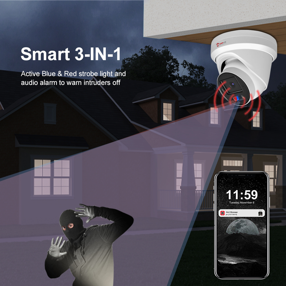 Anpviz 6MP IP Camera Security Turret POE Outdoor Camera Smart Red and Blue Light Sound Alarm Human/Vehicle Detection WDR H.265+