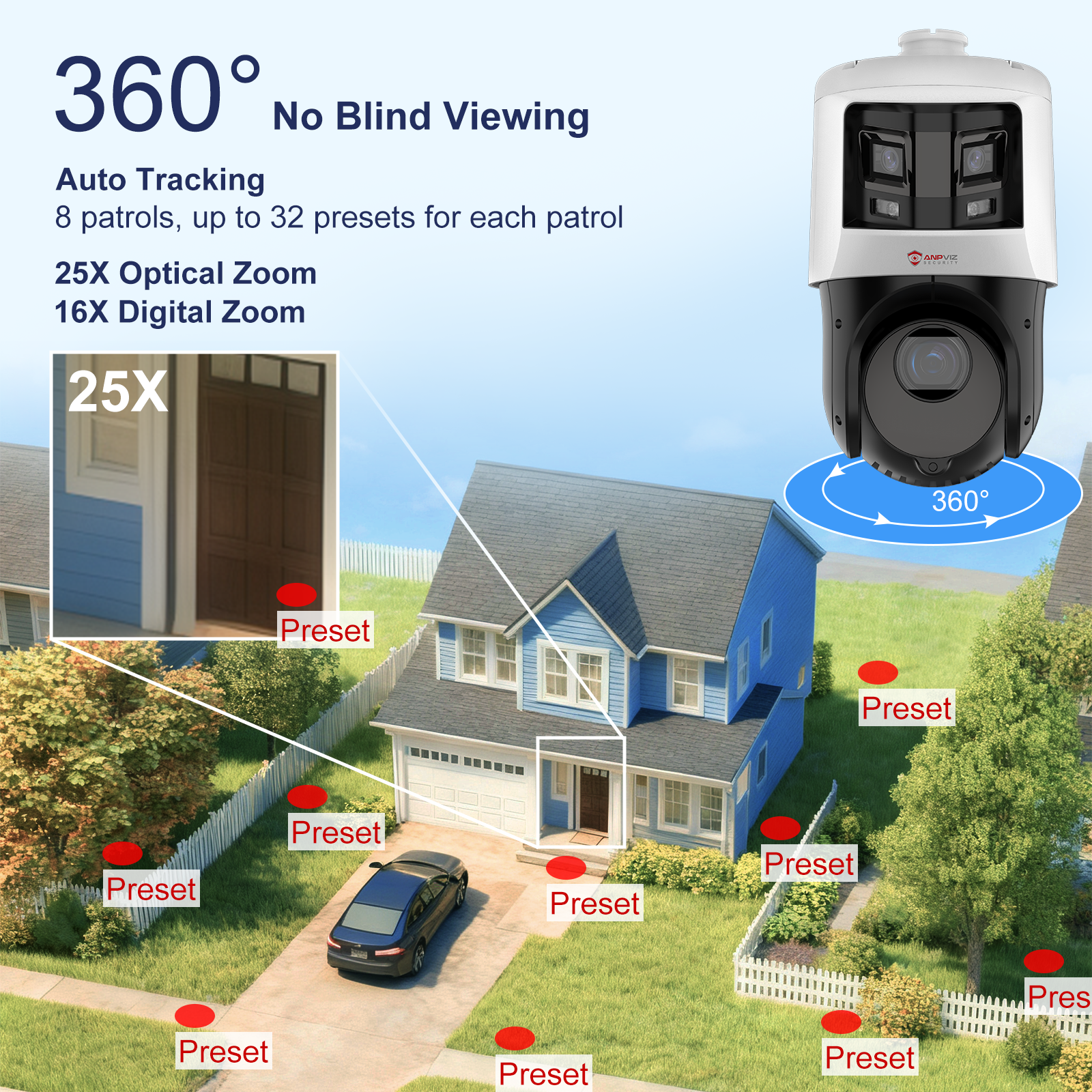 Anpviz TandemVu 2-in-1 4MP 25X Zoom PTZ POE Camera, 8MP Dual Lens Bullet Security Camera, Smart Linkage, 360° Panoramic IP Camera Outdoor, AI Motion Detection 2.0, 330ft IR Night Vision, Perimeter Protection
