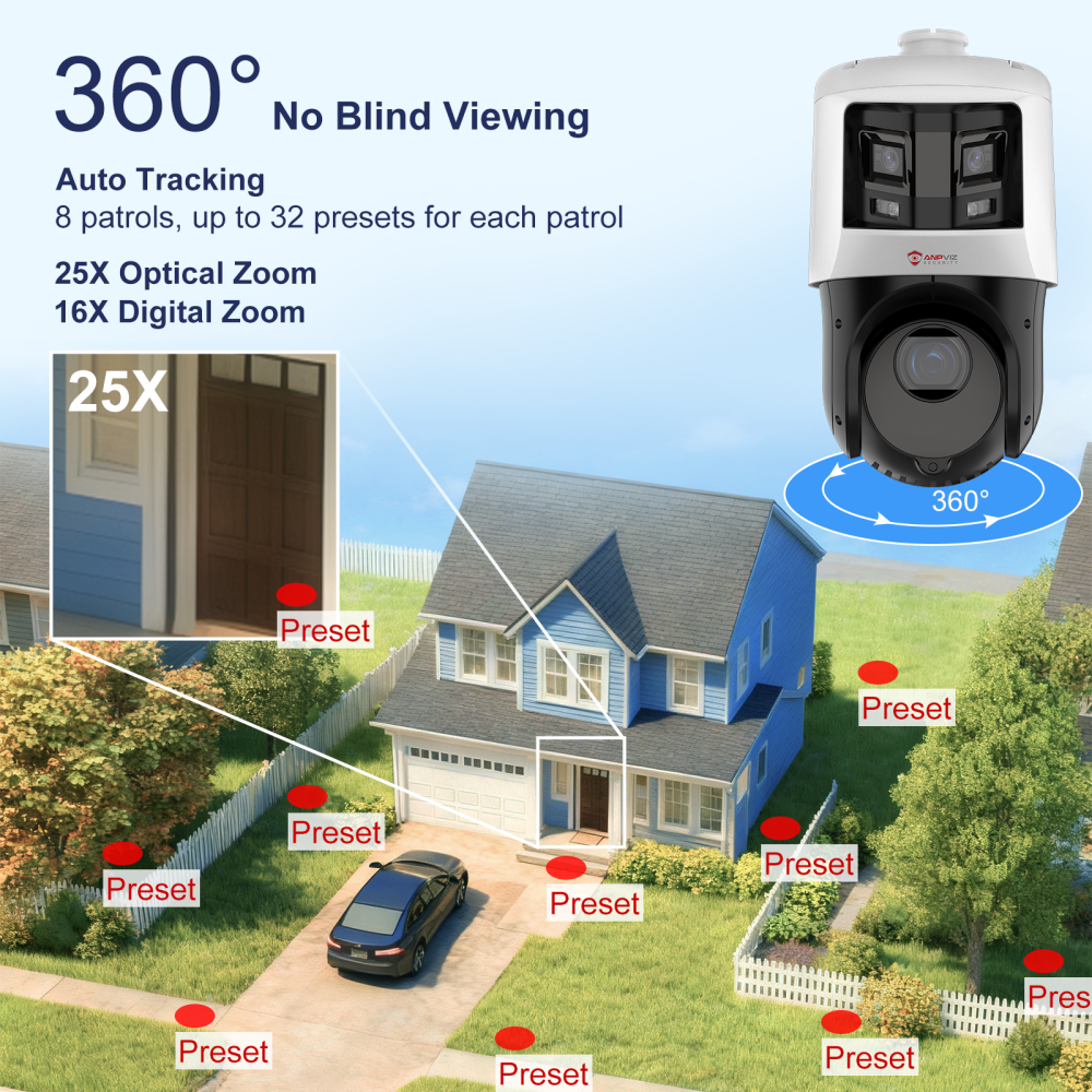 Anpviz TandemVu 2-in-1 4MP 25X Zoom PTZ POE Camera, 8MP Dual Lens Bullet Security Camera, Smart Linkage, 360° Panoramic IP Camera Outdoor, AI Motion Detection 2.0, 330ft IR Night Vision, Perimeter Protection