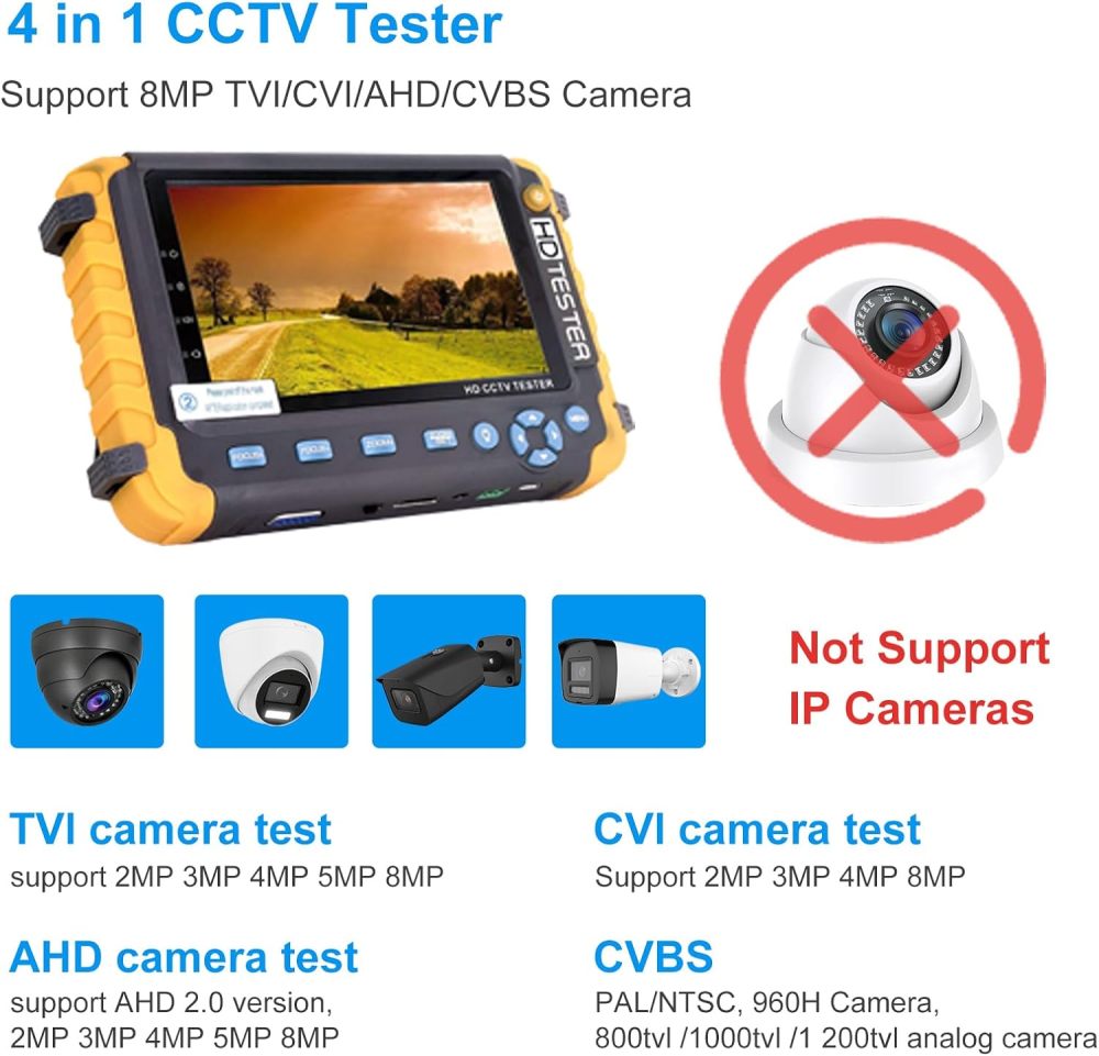 Anpviz 5 Inch 4 in 1 CCTV Monitor Tester, AHD/TVI/CVI/CVBS Coaxial Analog Video CCTV Tester, UTP/PTZ Cable Test for 1080P/3MP/4MP/5MP/8MP Analog Security Camera, VGA DC12V Output Camera