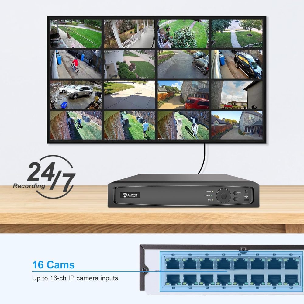 Anpviz 12MP 16CH POE NVR H.265+ Network Video Recorder for Business Security Camera System, Supports up to 16 Channel 12MP/8MP/6MP/5MP/4MP/1080P IP PoE Cameras, Pre-Installed 4TB Hard Drive