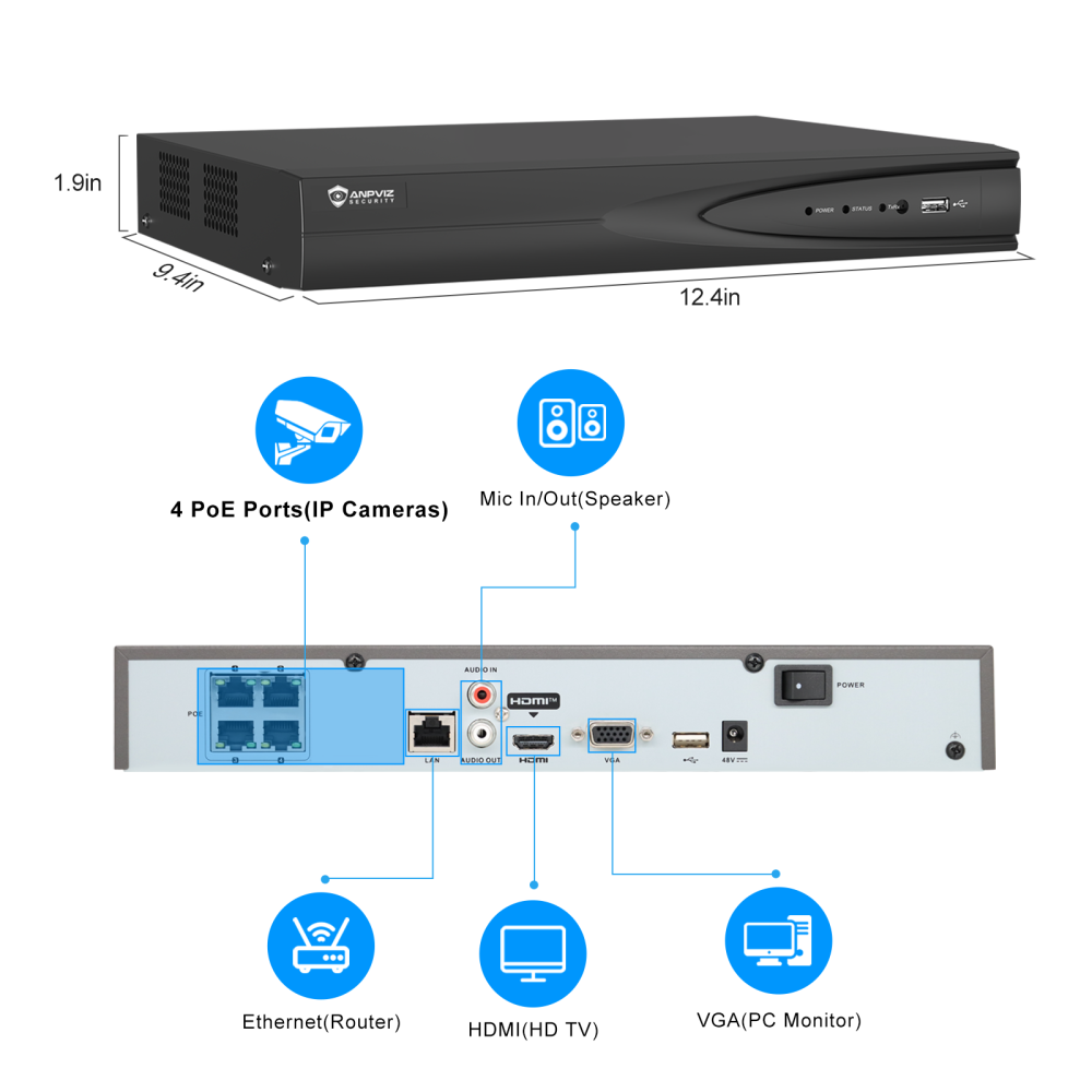 Anpviz 4CH 8MP POE NVR 4 PoE Port Network Video Recorder AI Motion Detection 1SATA Max 8TB HDD H.265+ (Not Included HDD)