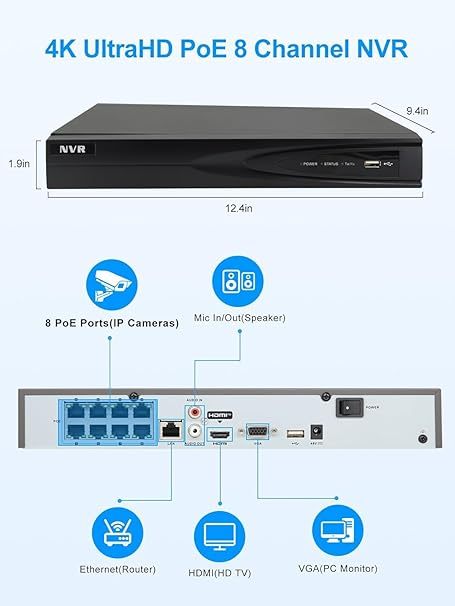 Anpviz 8 Channel 12MP POE NVR with 2TB HDD 8 POE Port Network Video Recorder H.265+ Support AI Motion Detection 24/7 Recording