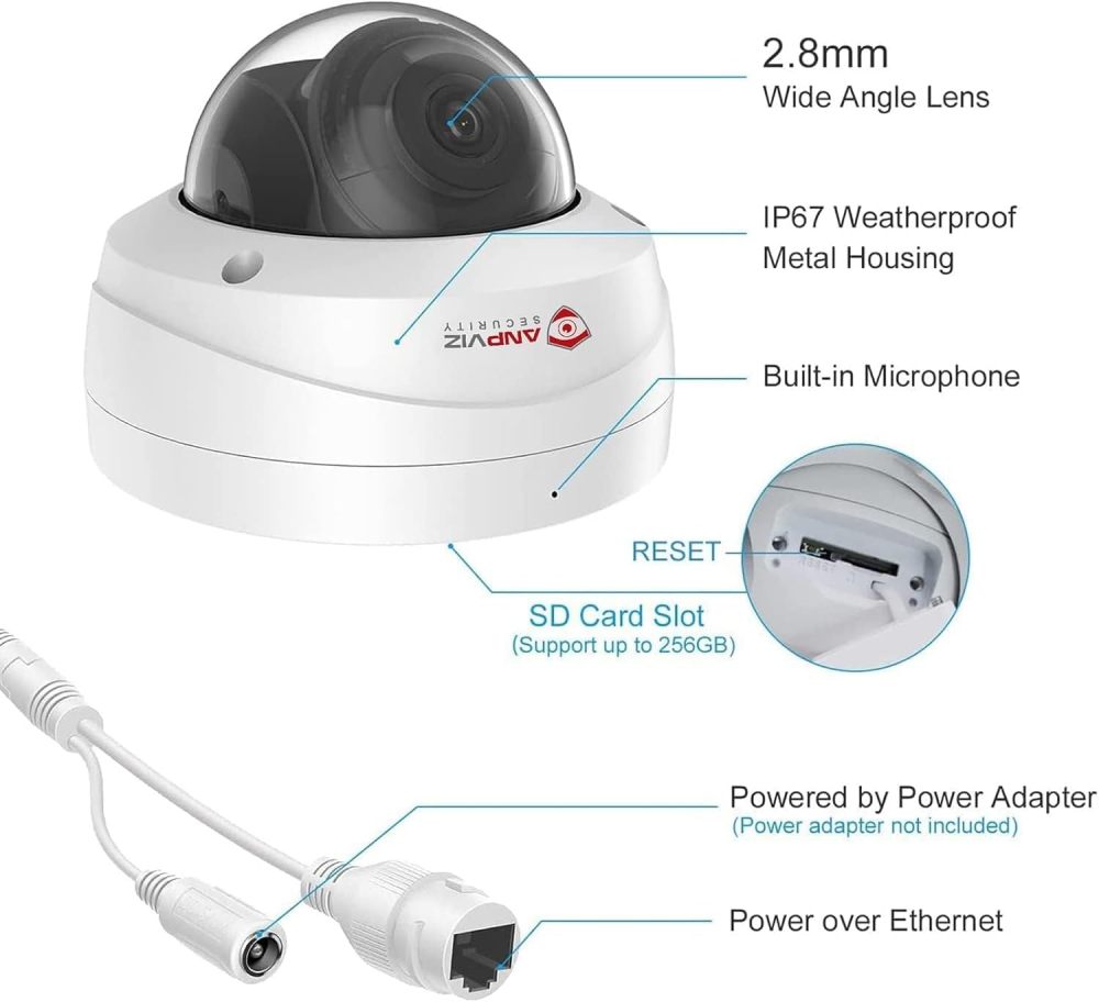 Anpviz UltraHD 8MP PoE Dome Security Camera with Audio, 4K PoE IP Camera with 100ft Night Vision, IP67 Waterproof, 2.8mm Lens Wide Angle, IK10 Vandal Proof, Built-in Micro SD Card Slot (H Series)