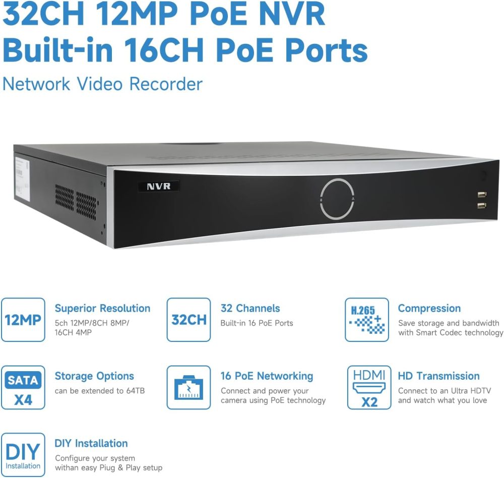 USA Only Anpviz 12MP POE NVR 32CH 16POE Port H265+ 4SATA interface Max 64TB capacity AI Motion Detection 4K video output