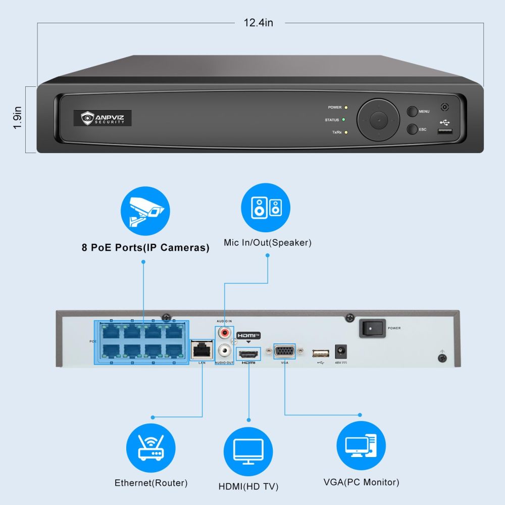 Anpviz 8CH 12MP PoE NVR POE Network Video Recorder, IP Home Security Camera System Video Recorder H.265+, Guarding Vision APP, up to 8TB HDD(Not Included HDD)