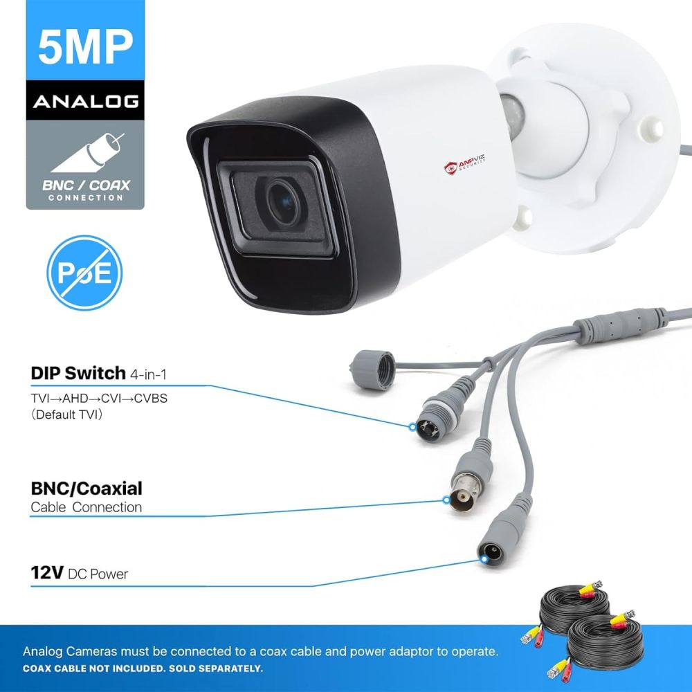 Anpviz 5MP Analog CCTV Camera, Wired Security Camera Outdoor, 4-in-1 (TVI/AHD/CVI/CVBS) Bullet Surveillance Camera, 100ft IR Night Vision, Metal Housing IP67, Compatible with Other 5MP or 4K DVR
