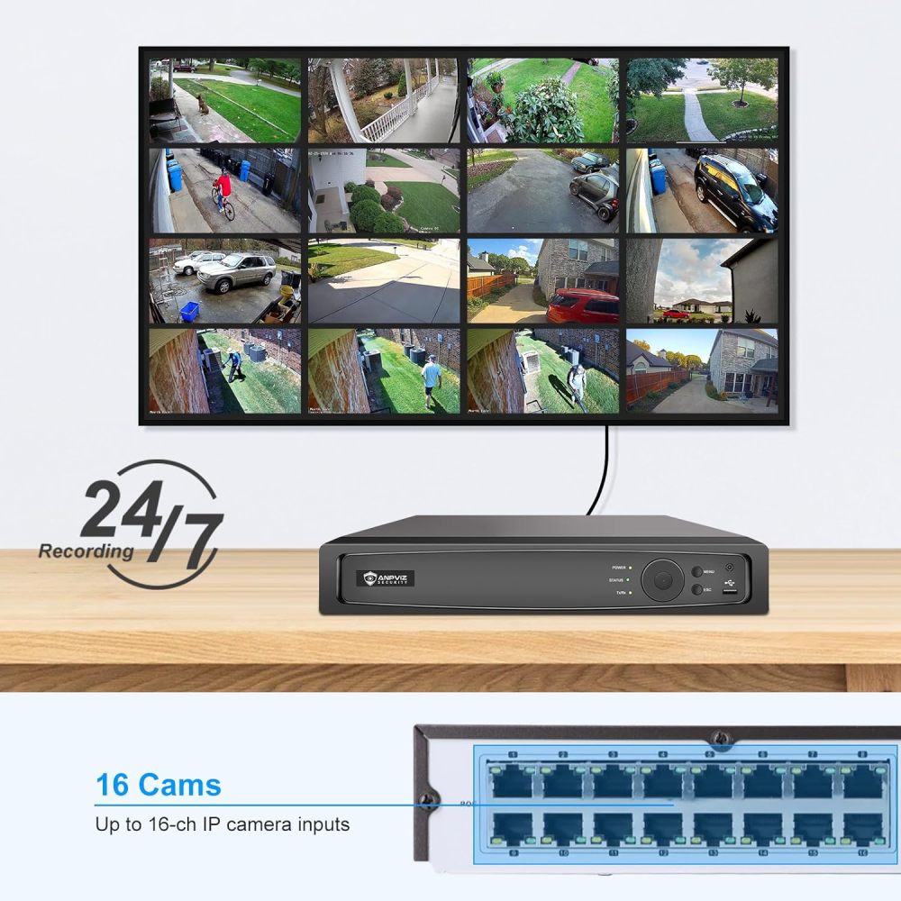 Anpviz 16CH 12MP NVR (8MP/6MP/5MP/4MP/3MP/1080P) Network Video Recorder, 16CH (16-Port PoE) - IP Home Security Camera System Video Recorder up to 16 x 4K IP Cameras
