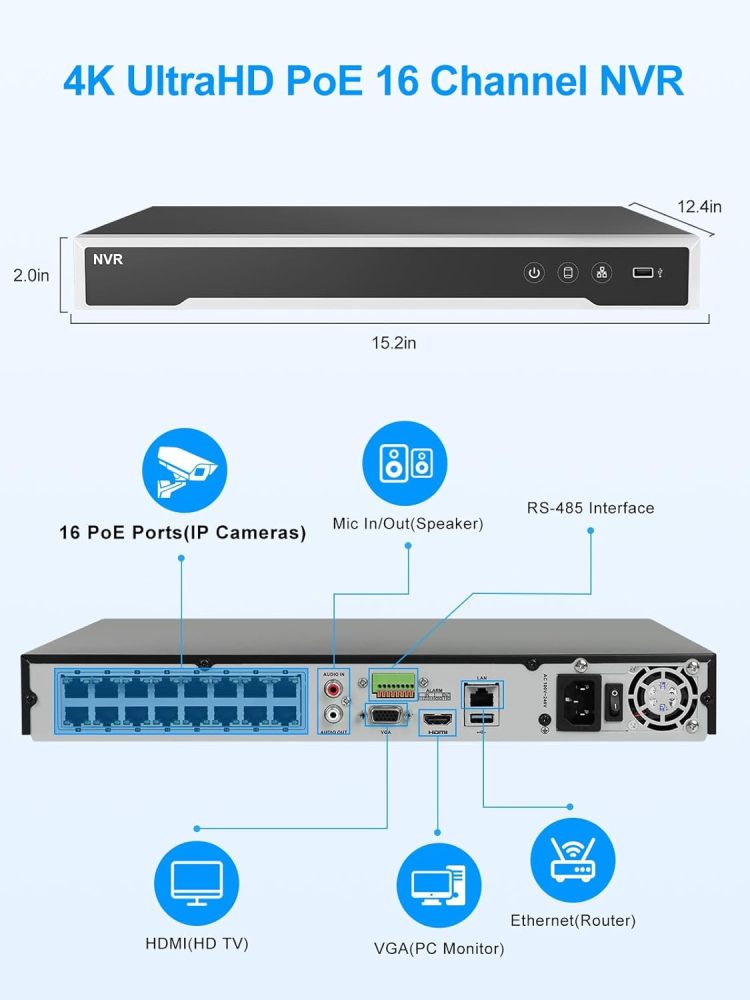Anpviz 16 Channel 12MP PH.265+ compression & 4K 16CH 8MP IP input Plug & Play: Enjoy a seamless setup with full pluOE NVR with 4TB HDD 16 POE Port Network Video Recorder H.265+ Support AI Motion Detection 24/7 Recording for Business Security Camera System