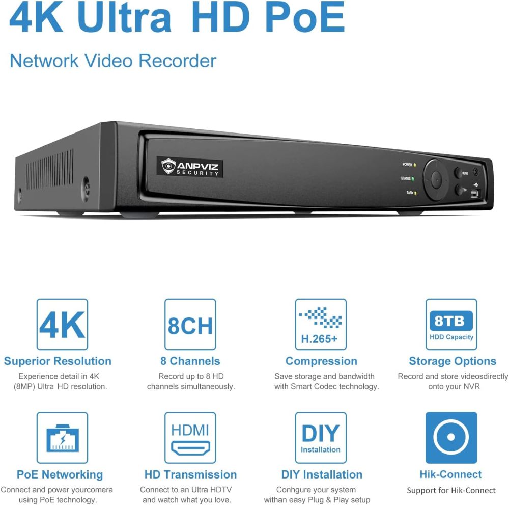 USA Only 4 Channel Poe Security Camera System, 4PCS 5MP IP Bullet Cameras Outdoor, 4 PoE Port NVR up to 8MP for 24/7 Recording