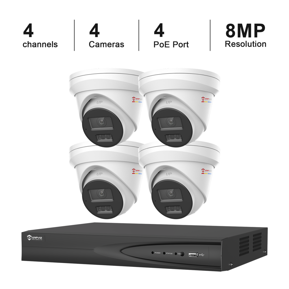 USA Only Security Camera System 4 Channels, 4PCS 8MP IP Turret Cameras Outdoor, 4 PoE Port NVR up to 8MP for 24/7 Recording