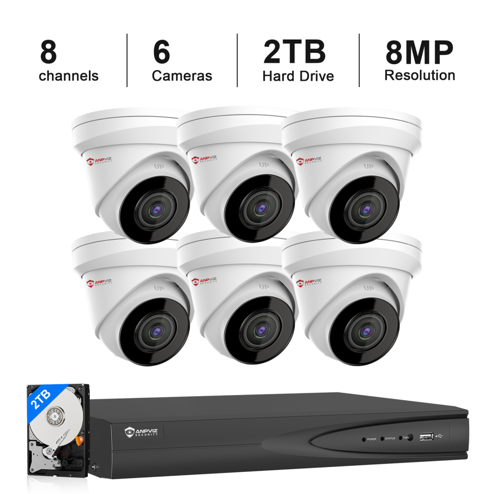 USA Only 8CH 8MP IP Camera System with 2TB HDD, 6PCS 4K POE Cameras Outdoor, 8 PoE Port NVR up to 12MP for 24/7 Recording