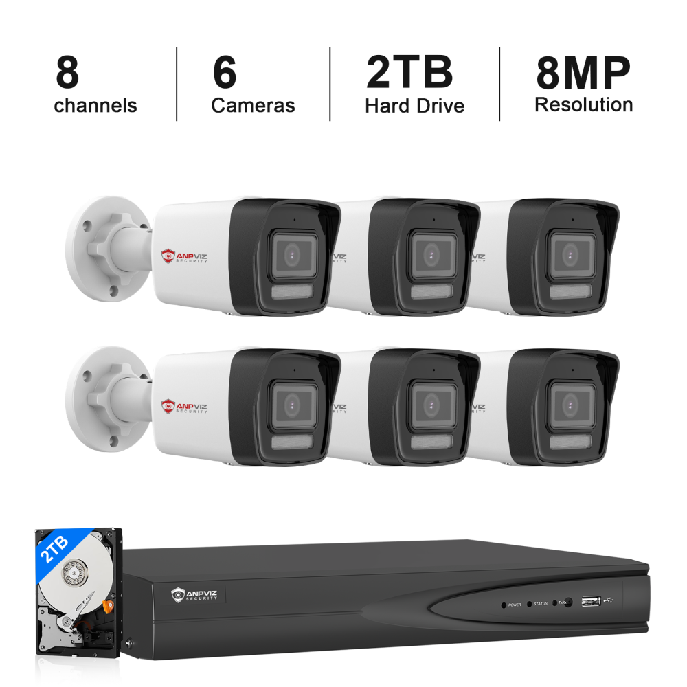 USA Only 8 Channel POE Camera Kit with 2TB HDD, 6PCS 8MP IP Bullet Cameras Outdoor, 8 PoE Port NVR up to 12MP for 24/7 Recording
