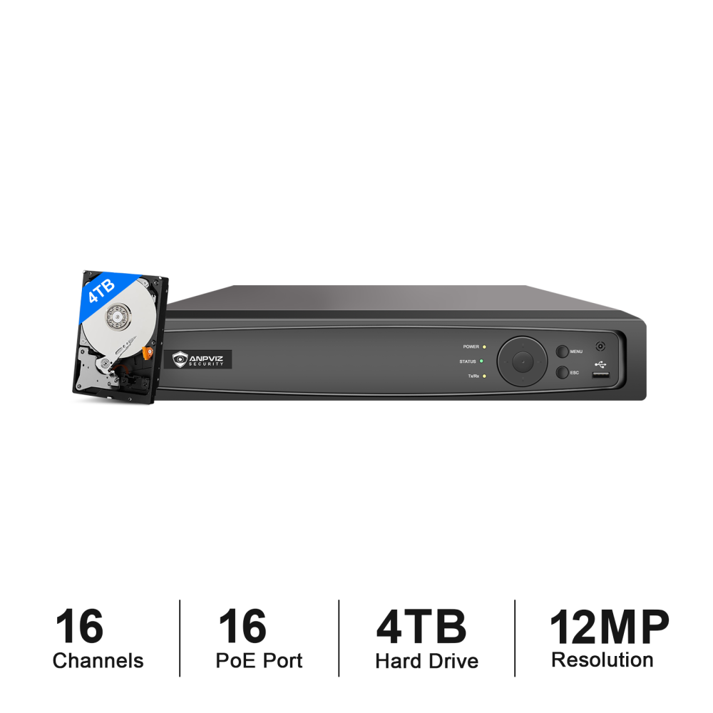 USA Only Anpviz 12MP 16CH POE NVR H.265+ Network Video Recorder for Business Security Camera System, Pre-Installed 4TB Hard Drive