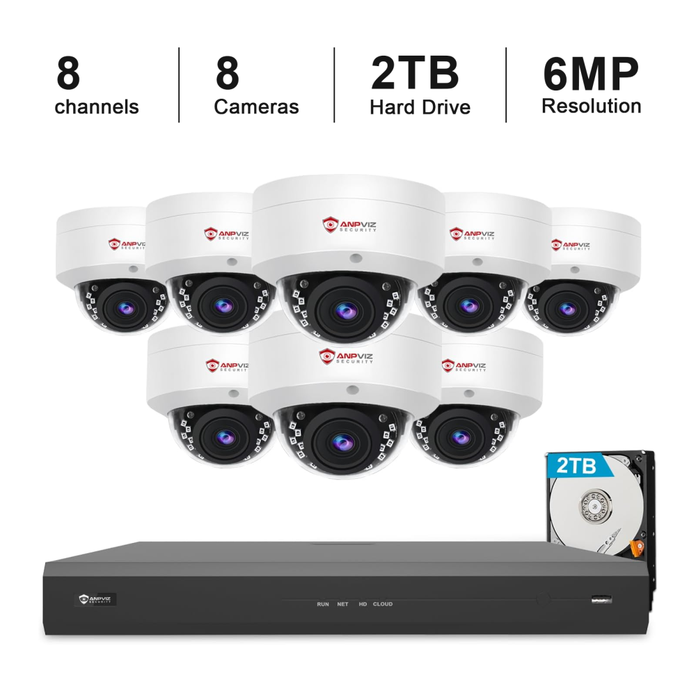 USA Only Anpviz 8CH 6MP PoE Security Camera System, 8pcs 6MP Wired PoE IP Cameras with Audio, IR Night Vision, Human Vehicle Detection, 4K/8MP 8CH NVR with 2TB HDD for Business Home