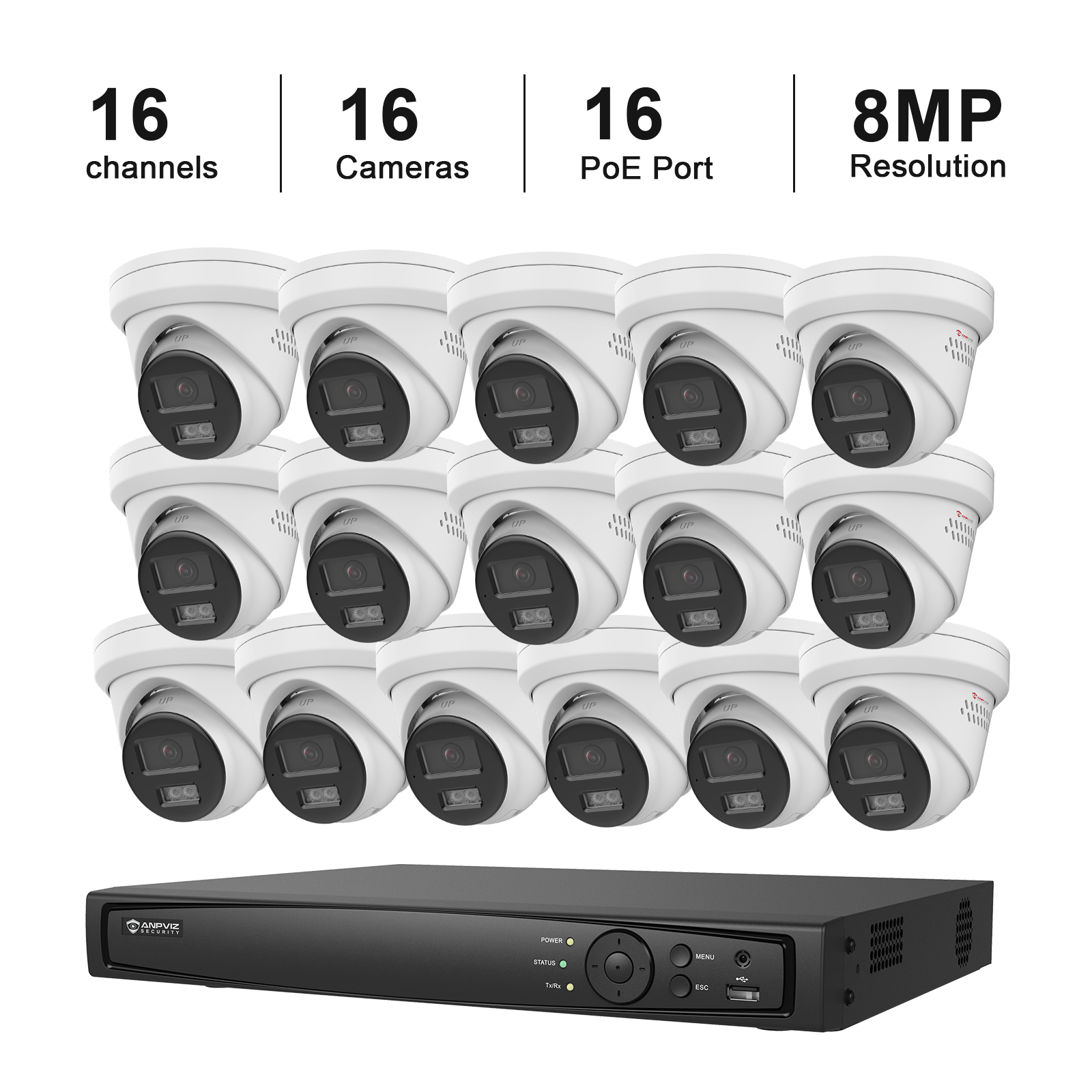 USA Only Anpviz 8MP 16CH Security POE Camera Kit, 16PCS 8MP Metal Turret Security IP Cameras, 16 Channels NVR, Smart Color Night Vision, Human Vehicle Detection