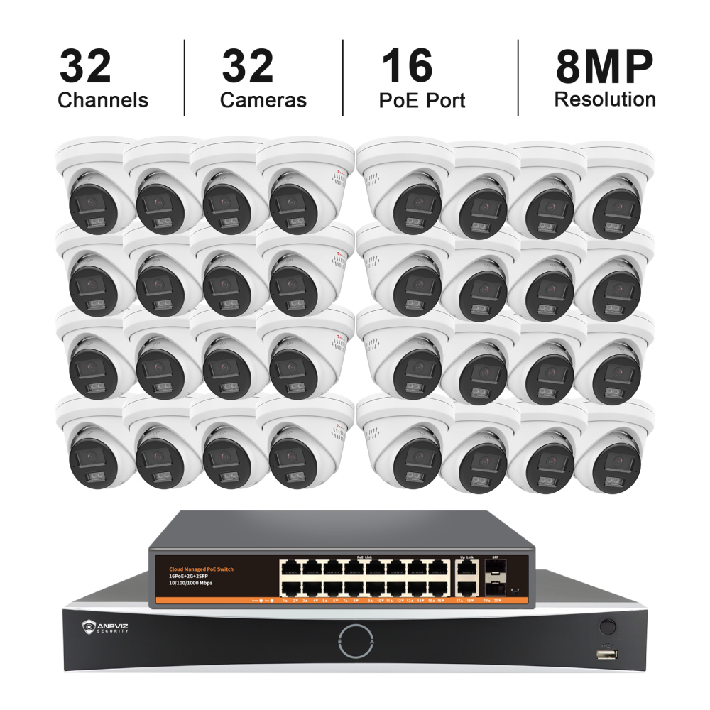 USA Only 32CH 4K POE Camera System Outdoor, 32pcs 8MP Turret Camera Active Deterrence, Two-way Audio, 32channels NVR up to 12MP 2SATA, 16CH POE Switch Unmanaged 16-port Gigabit
