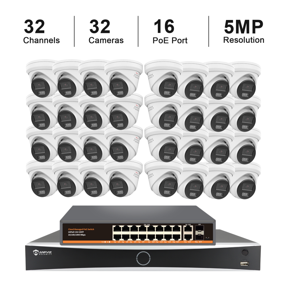 USA Only 20PCS 5MP Turret Security Camera Kit for Business, 32ch Network Video Recorder up to 12MP, 16CH POE Switch Unmanaged 16-port Gigabit, Smart Color Night Vision, MicroSD Card Slot up to 512GB