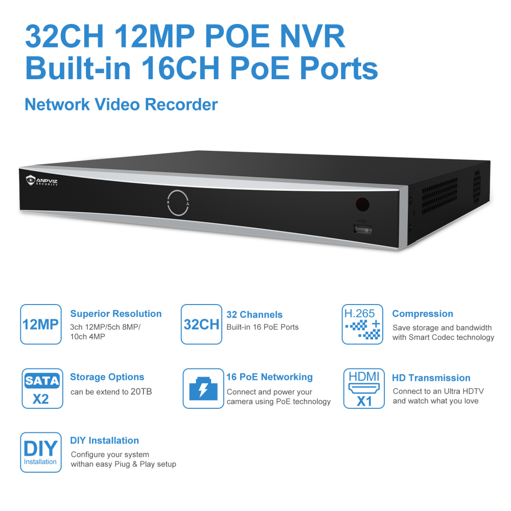 USA Only 32Channels 5MP PoE Security Camera System, 20pcs Turret Camera Active Deterrence, Two-way Audio, 32ch NVR up to 12MP, 16CH POE Switch Unmanaged 16-port Gigabit