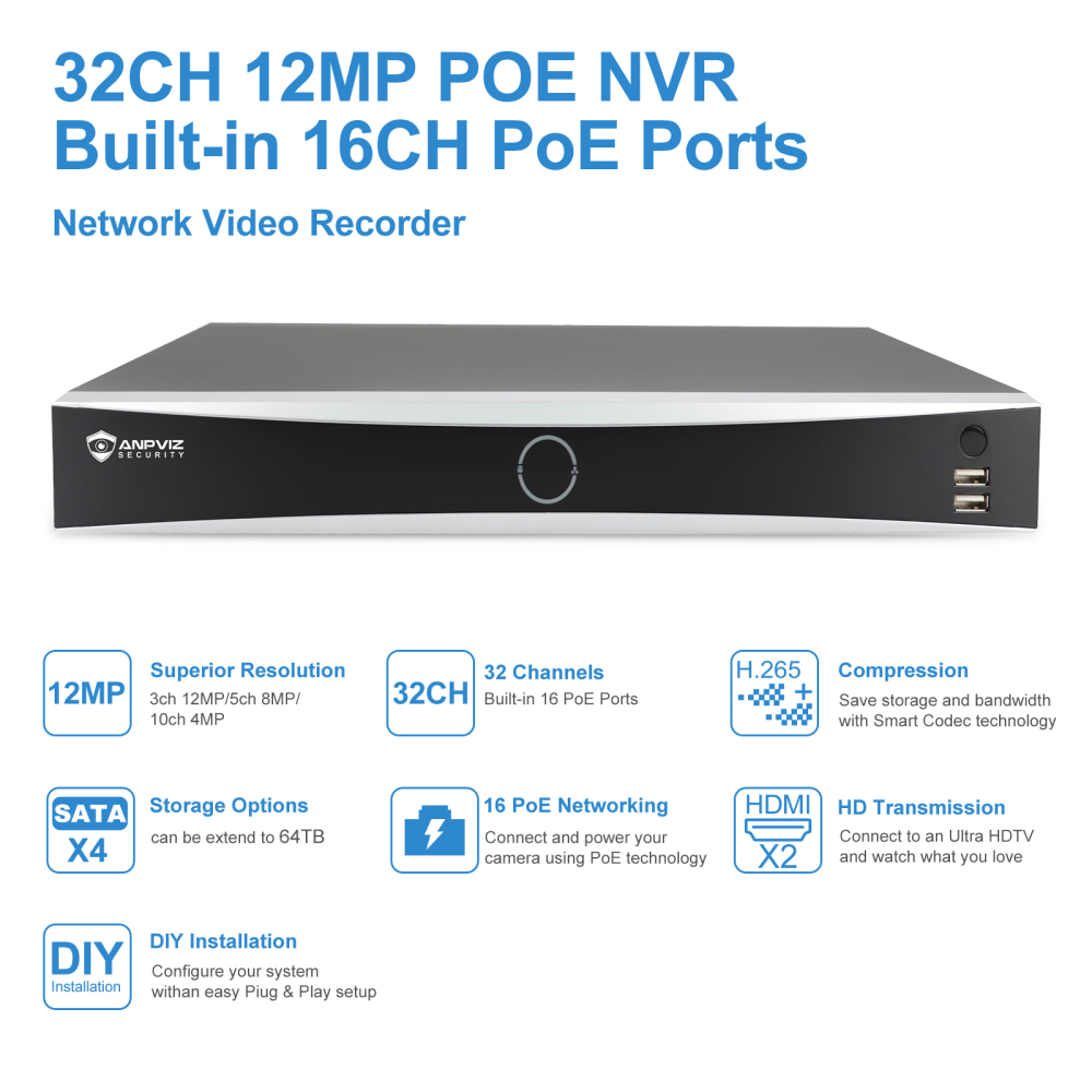 USA Only 20PCS 8MP  POE Camera System, 12MP 32CH NVR with 4SATA up to 64TB, 16CH Gigabit Unmanaged POE Switch, 2.8mm Lens Wide Angle with 100ft Night Vision, IP67 Waterproof, Motion Detection Alarm