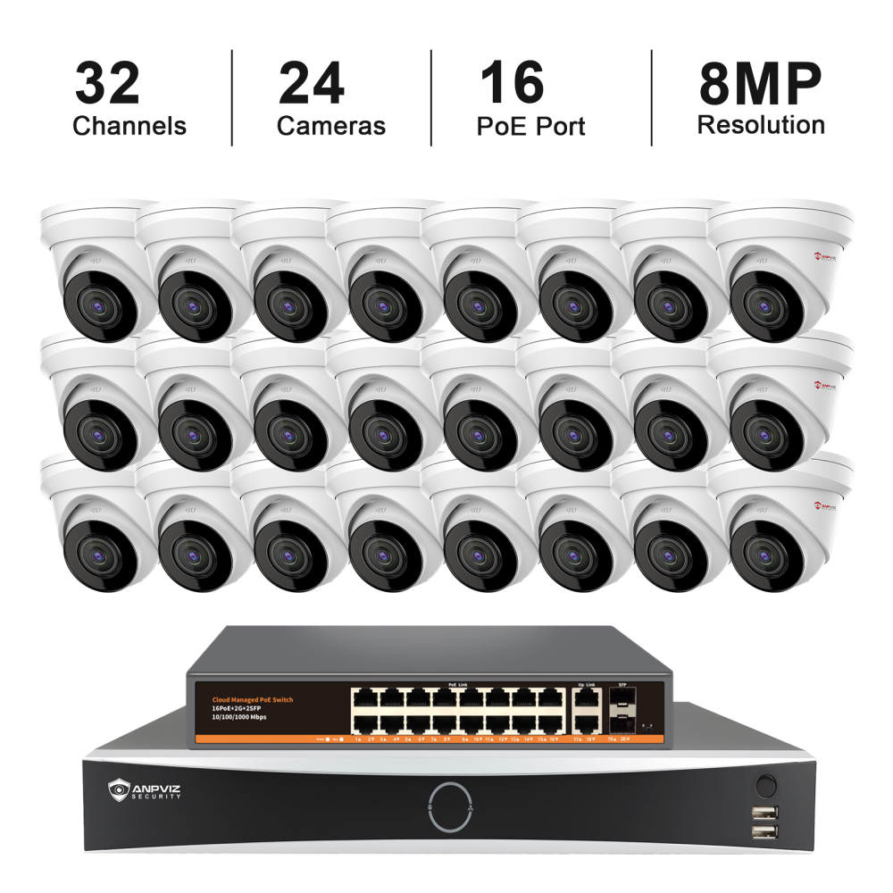USA Only 32 Channels 4K POE Camera System, 20PCS 8MP Turret Camera with 12MP 32CH NVR, 16CH Gigabit Unmanaged POE Switch, Smart Color Night Vision, Motion Detection 2.0,