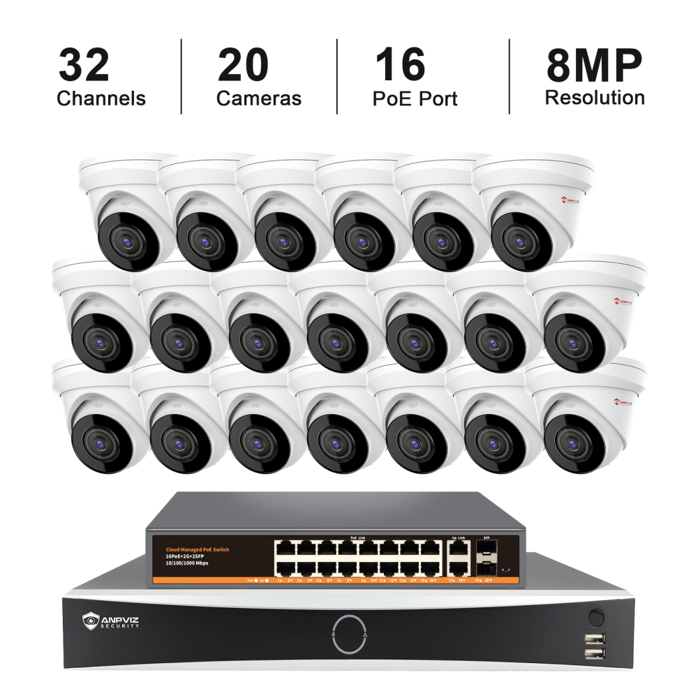 USA Only 20PCS 8MP  POE Camera System, 12MP 32CH NVR with 4SATA up to 64TB, 16CH Gigabit Unmanaged POE Switch, 2.8mm Lens Wide Angle with 100ft Night Vision, IP67 Waterproof, Motion Detection Alarm