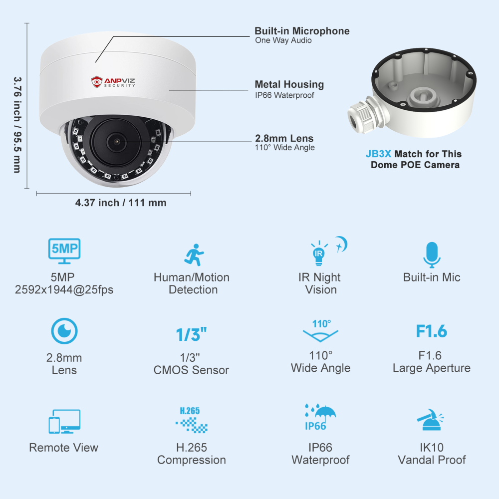 Anpviz 5MP PoE IP Dome Camera with Audio/Mic, IP Security Camera Outdoor Indoor, IR Night Vision, IP66 Waterproof, 2.8mm Lens, 24/7 Recording, NDAA Compliant
