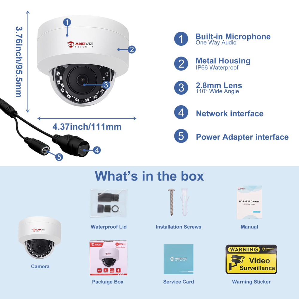 Anpviz 5MP PoE IP Dome Camera with Audio/Mic, IP Security Camera Outdoor Indoor, IR Night Vision, IP66 Waterproof, 2.8mm Lens, 24/7 Recording, NDAA Compliant