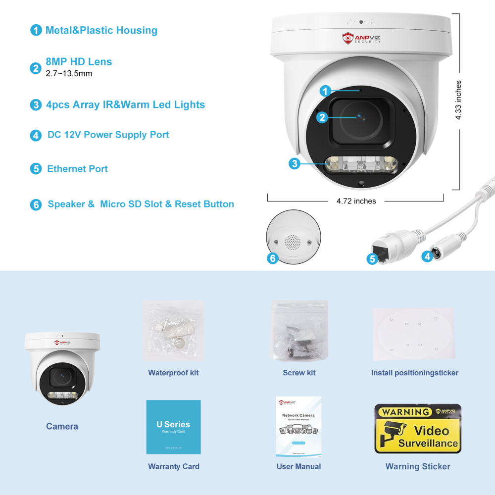4K PoE PTZ Camera Outdoor, 5X Optical Zoom 2.7~13.5mm Lens, Pan 280° Tilt 90°, 8MP Security Camera, Human Vehicle Detection, Spotlight&Sound Alarm, Two-way Audios, SD Card Slot, IP66
