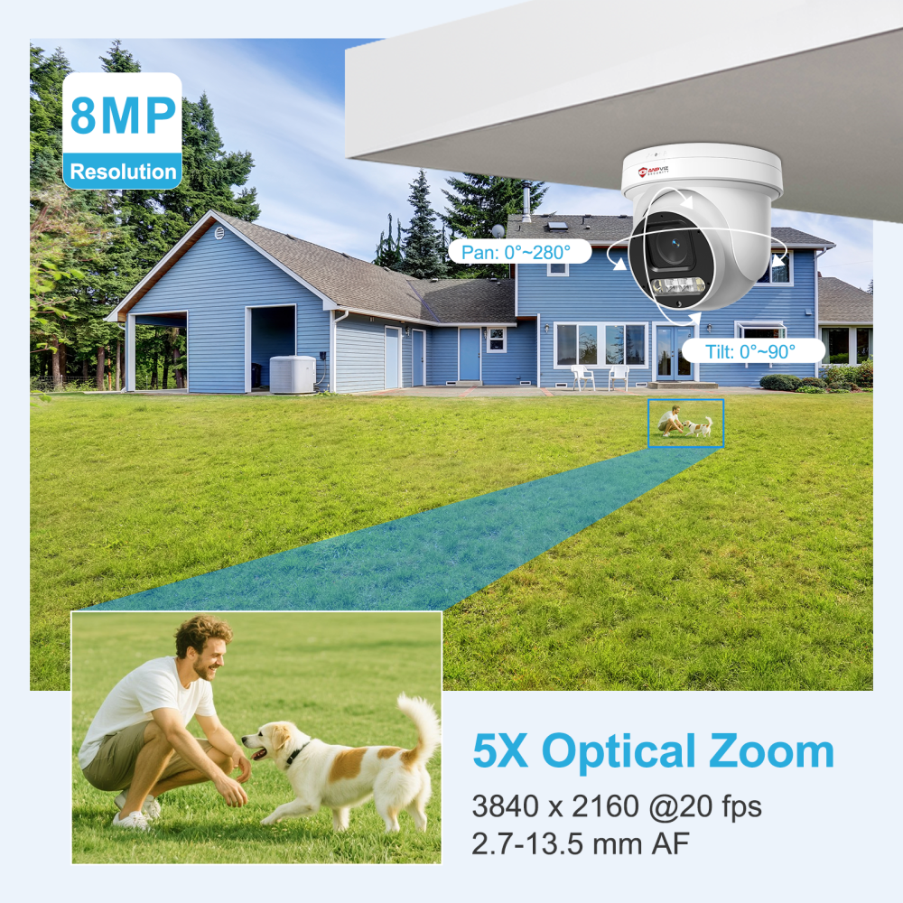 4K PoE PTZ Camera Outdoor, 5X Optical Zoom 2.7~13.5mm Lens, Pan 280° Tilt 90°, 8MP Security Camera, Human Vehicle Detection, Spotlight&Sound Alarm, Two-way Audios, SD Card Slot, IP66