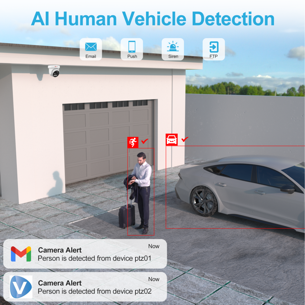 4K PoE PTZ Camera Outdoor, 5X Optical Zoom 2.7~13.5mm Lens, Pan 280° Tilt 90°, 8MP Security Camera, Human Vehicle Detection, Spotlight&Sound Alarm, Two-way Audios, SD Card Slot, IP66