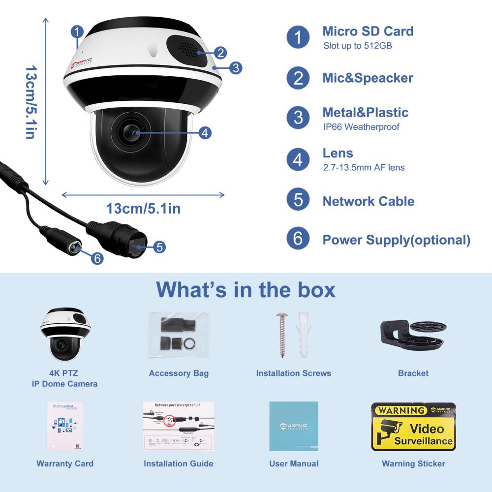 4K PTZ POE Dome Camera Outdoor IK10 with 5X Optical Zoom, 1/2.8" Sensor Dome Security IP Camera, 100ft IR Night Vision, Two-Way Audio, Human Vehicle Detection, 512GB SD Slot