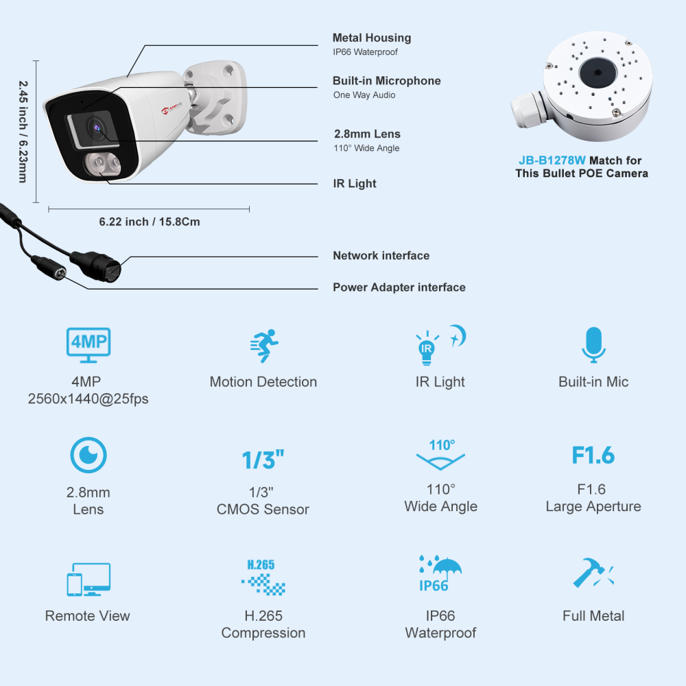 4MP PoE Bullet Camera with Microphone, 65ft IR Night Vision, NDAA Compliant