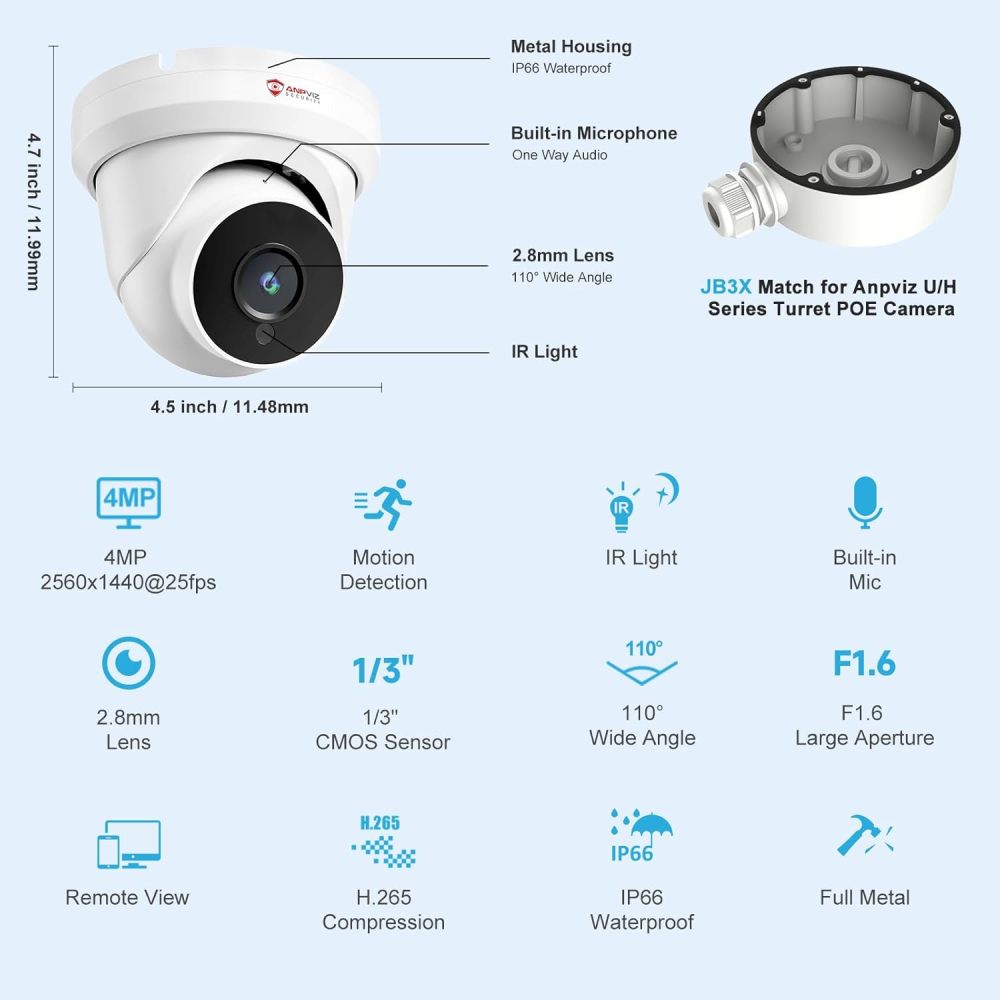 Anpviz 4MP PoE IP Turret Camera with Microphone/Audio, IP Security Camera Outdoor Indoor, Motion Detection, Waterproof IP66, 108° Wide Angle 2.8mm Lens, 24/7 Recording
