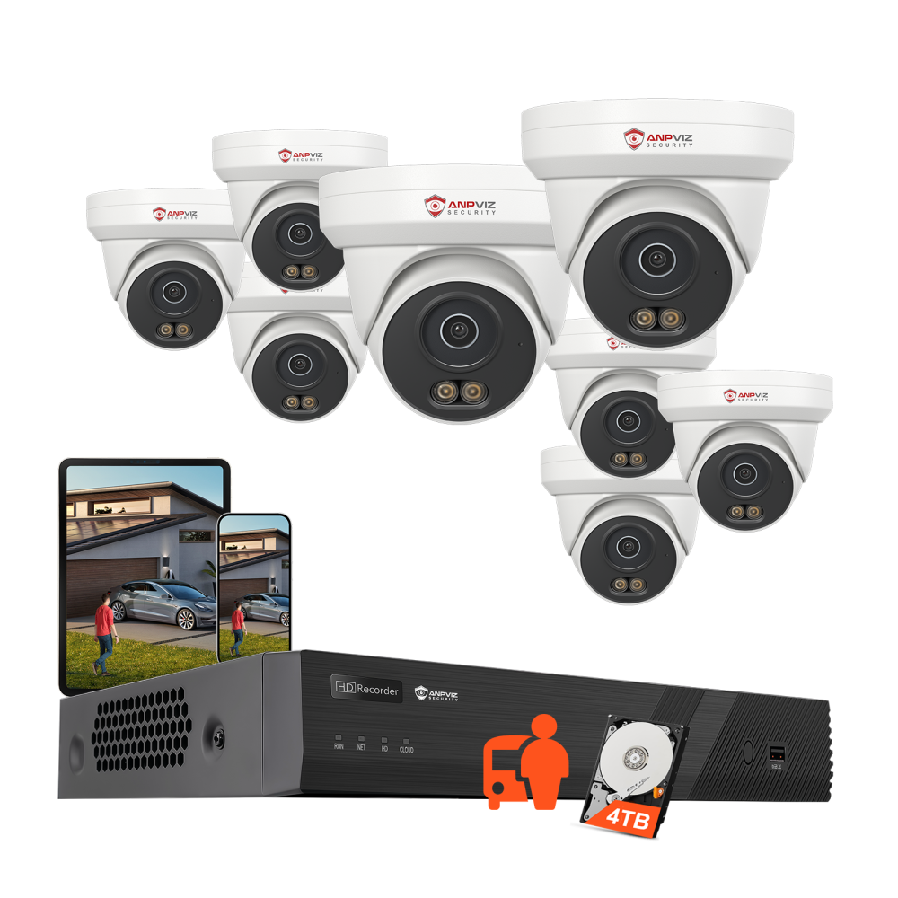 Anpviz 16CH PoE Security Camera System, 8PCS 6MP Wired IP Turret Cameras Outdoor, Color Night Vision, Built-in Mic, 12MP PoE NVR with 4TB HDD for 24/7 Recording, CCTV for Businesses Home